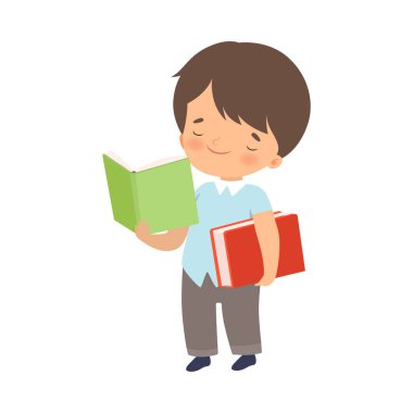 Çocuk Karakteri Yerde Duruyor ve Okumayı Öğreniyor