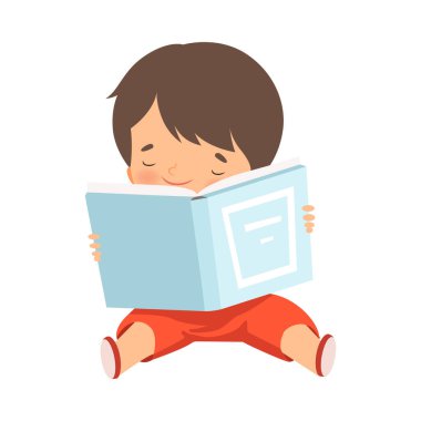 Çocuk Karakteri Yerde Oturuyor ve Okumayı Öğreniyor