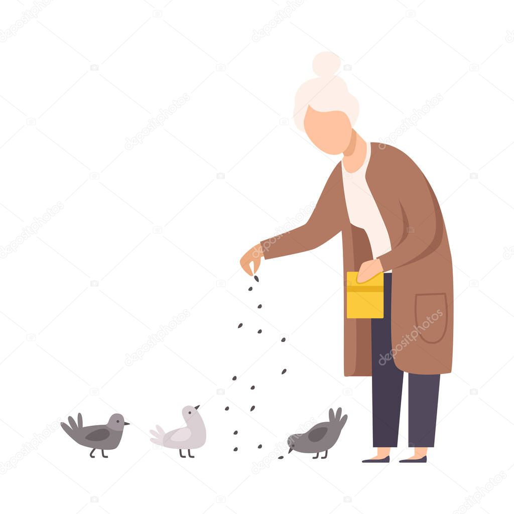 Senior Woman Standing and Feeding Pigeons Vector Illustration