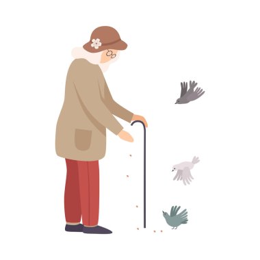 Üst düzey kadın ayakta duruyor ve güvercinleri besliyor. Vector Illustration