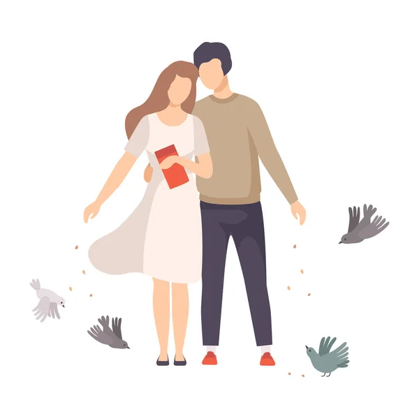 Young Couple Walking Along the Park and Feeding Pigeons with Crumbles Vector Illustration — Stock Vector