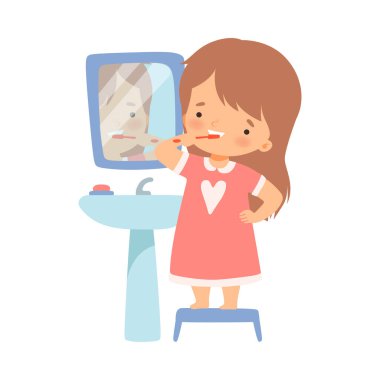 Küçük kız kendi vektör illüstrasyonunda dişlerini fırçalıyor.