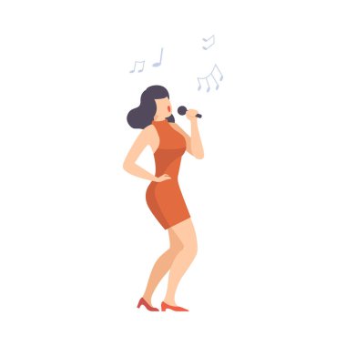 Genç Kadın Mikrofon Vektör İllüzyonuna Şarkı Söylerken Komik