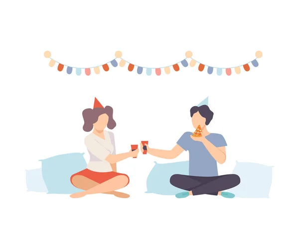 Guy et fille avec de la nourriture et des boissons au pyjama Party Illustration vectorielle isolé sur fond blanc — Image vectorielle