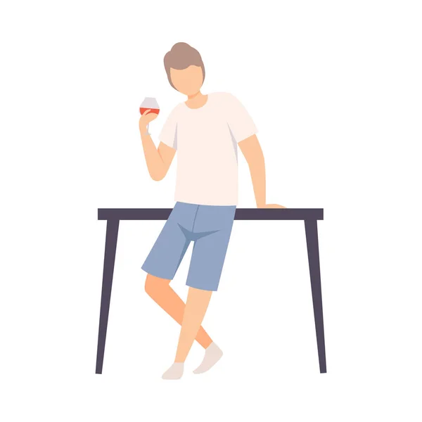 Guy in casual stijl kleding leunde op tafel en drinken wijn vector illustratie geïsoleerd op witte achtergrond — Stockvector