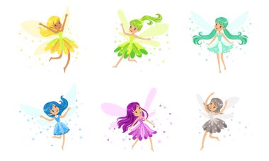 Çeşitli Renklerin ve Pozisyonların Uçan Perileri ve Vektör Resimleri Çizim Karakteri