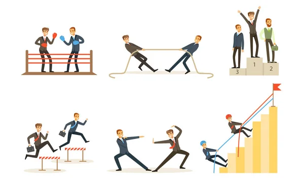 Office Workers Compete With each other, Achieve Goals Vector Illustration Set Isolated On White Background - Stok Vektor