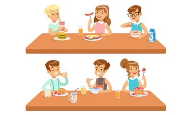 Çocuk Besleme, Sağlıklı Yemek ve Fast Food Vektör Çizgi Film Karakteri Konsepti