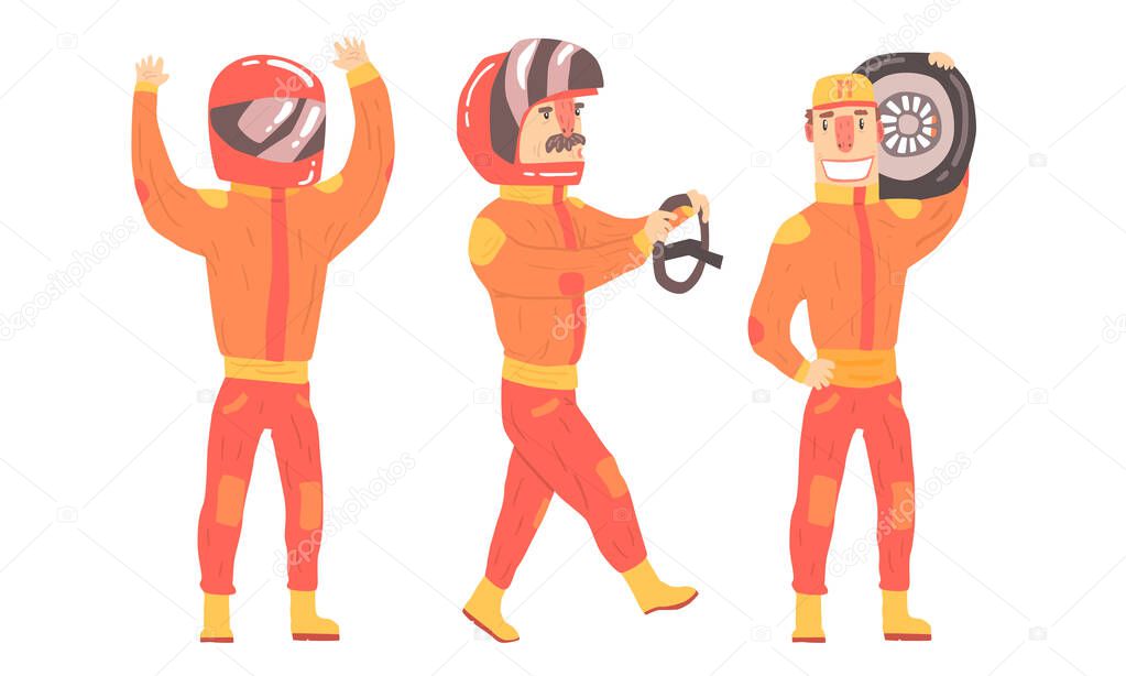Men in orange rider suits. Vector illustration