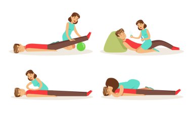 Yeşil elbiseli bir kadın, bir erkeğe ilk yardım sağlar. Vektör illüstrasyonu.