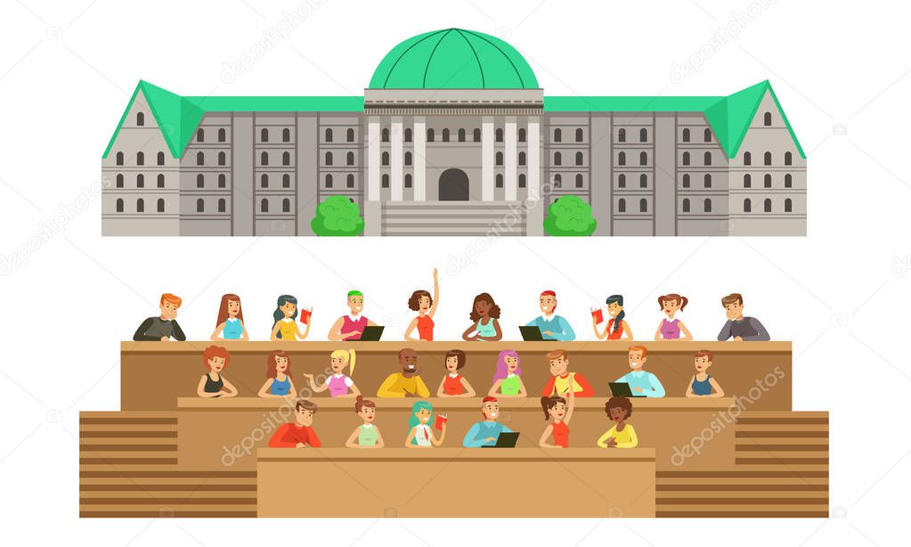 University building and classroom with students. Vector illustration.