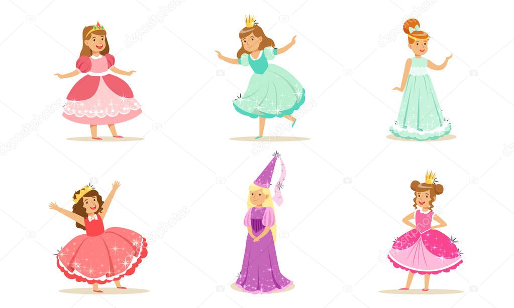 Cute girls in the image of princesses. Vector illustration