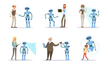 İnsanlar robotu uzaktan kontrol ediyor. Vektör illüstrasyonu.