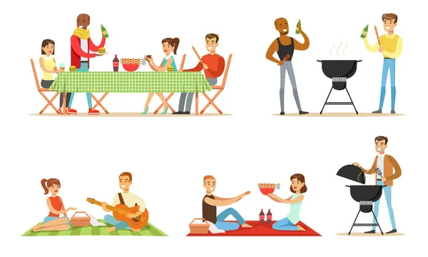 Люди відпочивають на барбекю та пікніку. Векторні ілюстрації . — стоковий вектор