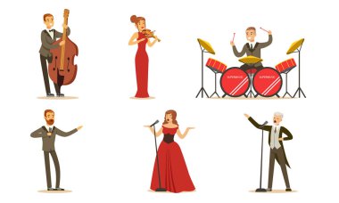 Şarkıcılar ve müzisyenler konser kıyafetleri içinde. Vektör çizimleri kümesi.
