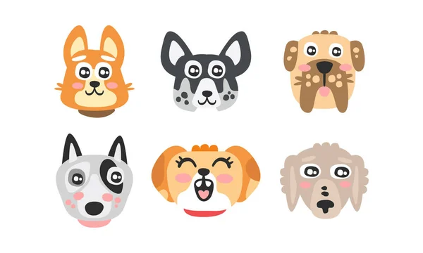 Cão bonito dos desenhos animados de raça diferente Muzzles Vector Set — Vetor de Stock