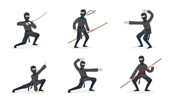 Ninja in black clothes and mask. Set of vector illustrations. — Stock Vector