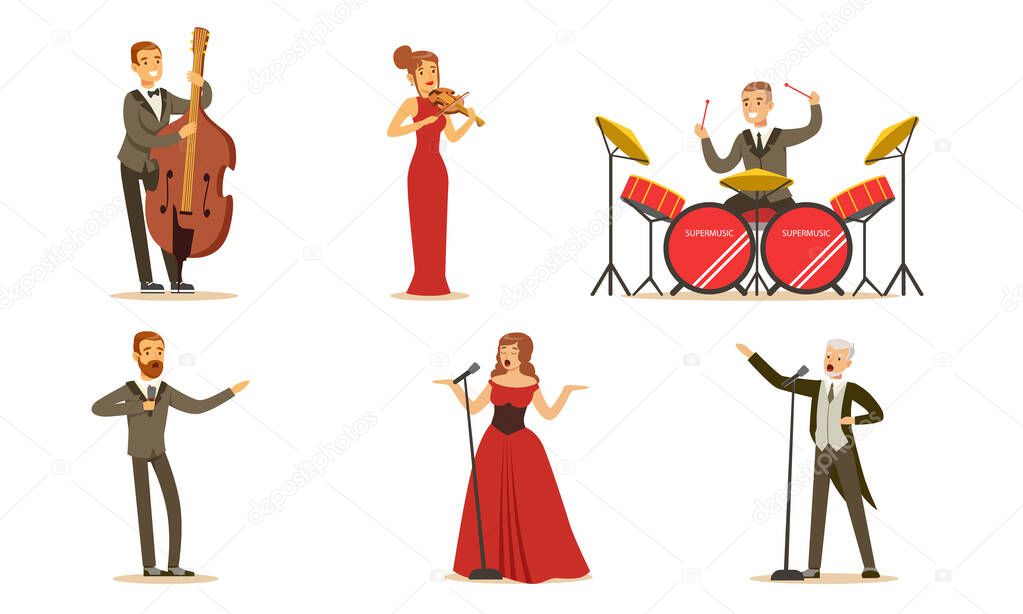 Singers and musicians in concert clothes. Set of vector illustrations.