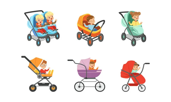 Baby Carriages with Kids Sitting Inside Vector Set — Stock Vector