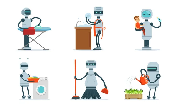 Kreskówkowe roboty wykonują różne prace domowe. Ilustracja wektora. — Wektor stockowy