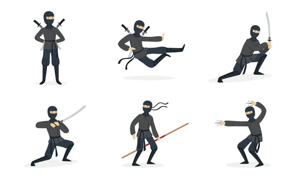 Ninja shows tricks. Set of vector illustrations. — Stock Vector