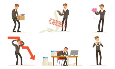 Ofis İşçisi Başarısızlıkları ve Kayıpları, İflas Vektörü İllüstrasyon Seti Beyaz Arkaplanda İzole Edildi