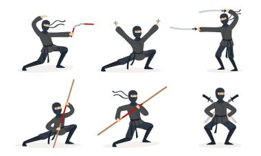 Ninja silahlarla farklı numaralar gösterir. Vektör çizimleri kümesi.