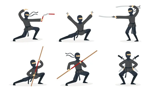 Ninja laat verschillende trucs zien met wapens. Reeks vectorillustraties. — Stockvector