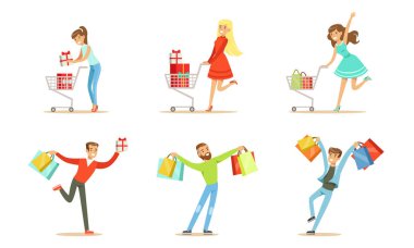 Paketleri ve alışveriş arabaları olan neşeli insanlar. Vektör illüstrasyonu