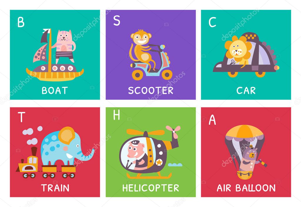 Cute Alphabet with Animals and Transport in Cartoon Style