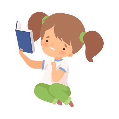 Yerde Oturan ve Vektör Resimlerini Okumayı Öğrenen Küçük Kız