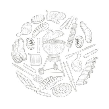 Barbekü Gıda Ögeleri Vektör Şablonu ile Dairesel Dekoratif Element