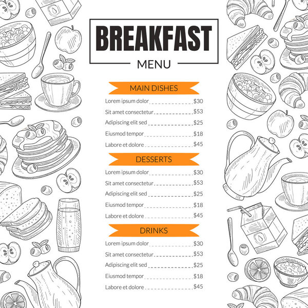 Дизайн меню завтрака для ресторана с блюдами ручной работы
