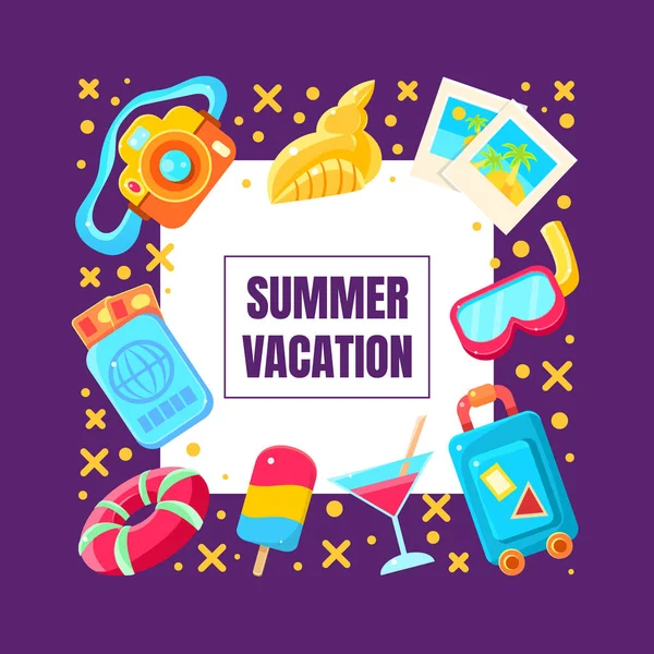 Iconos de dibujos animados de vacaciones de verano utilizados en el diseño de tarjetas vectoriales enmarcadas — Vector de stock
