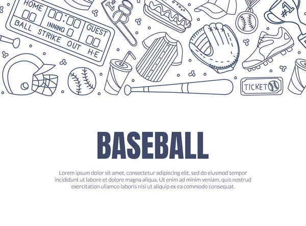 Símbolos de beisebol desenhados à mão usados no modelo de cartão vetorial — Vetor de Stock