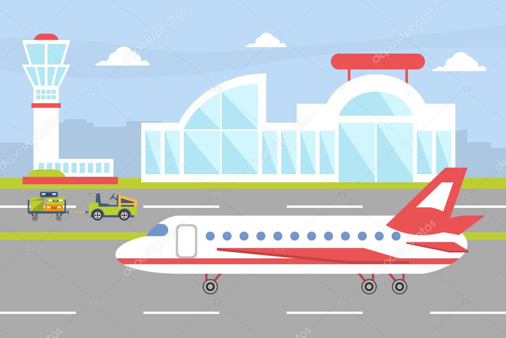 Airport with Plane on the Runway Ready to Take off Vector Illustration