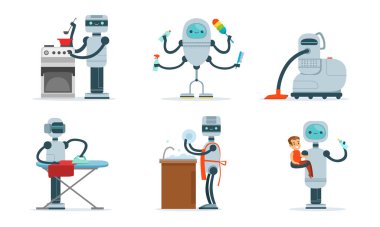 Çizgi film robotları ev işlerine yardım ediyor. Vektör illüstrasyonu.