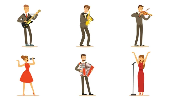 Hombres y mujeres músicos y cantantes. Conjunto de ilustraciones vectoriales . — Archivo Imágenes Vectoriales