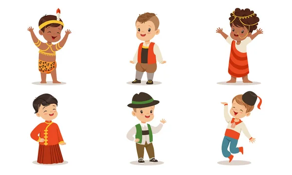 Children in costumes of different nations of the world. Set of vector illustrations. — Stock Vector