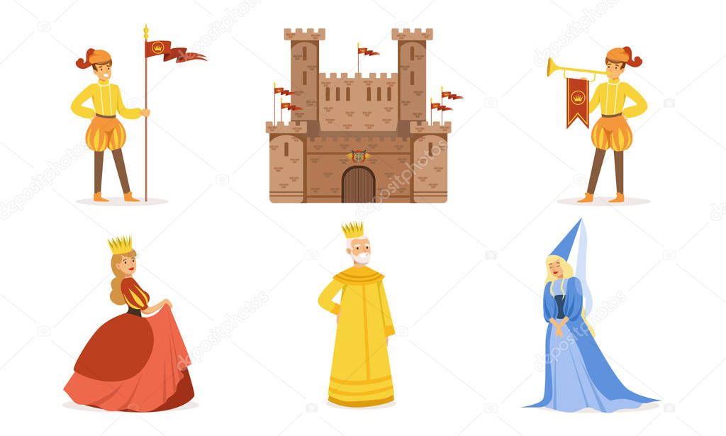 Castle, pages, queen, king and princess in medieval clothes. Set of vector illustrations.