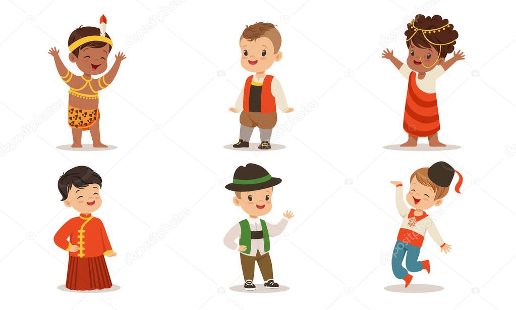 Children in costumes of different nations of the world. Set of vector illustrations.
