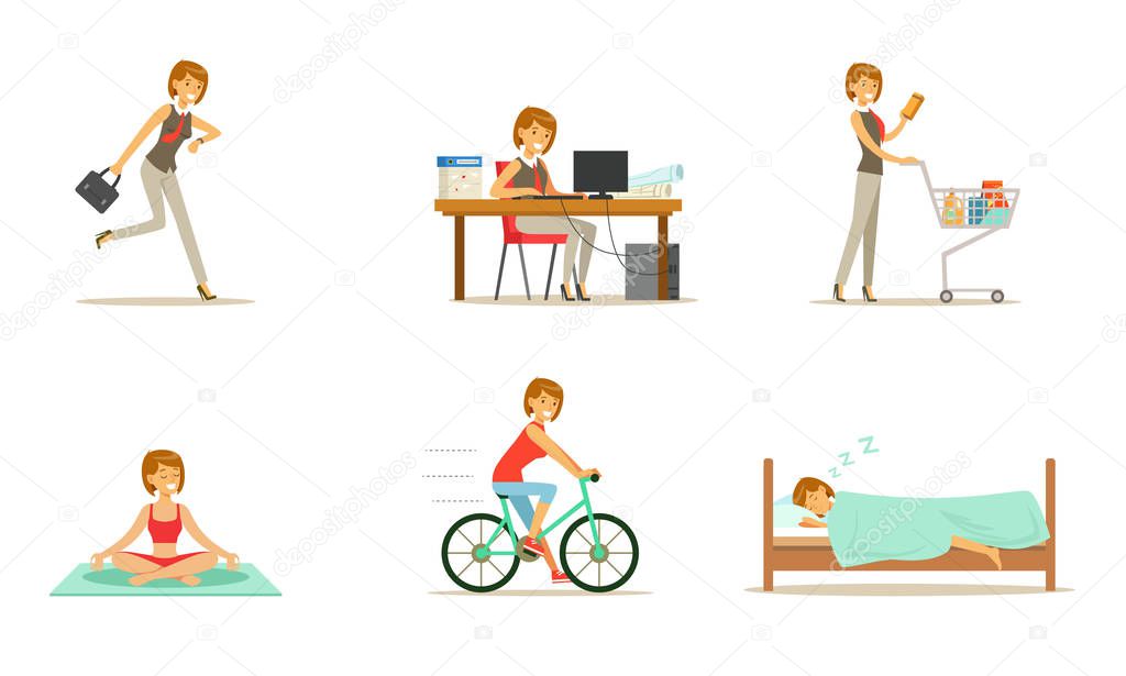 Life style and daily routine of a working woman. Set of vector illustrations.