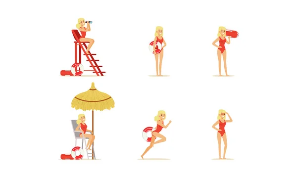 Sauvetage à la plage Femme Blond Caractère exerçant ses fonctions — Image vectorielle