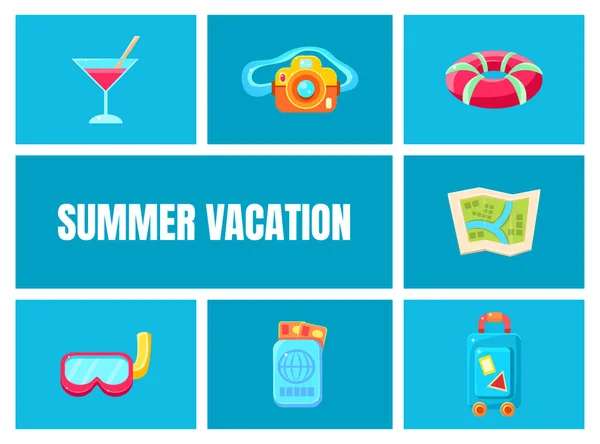 Vacaciones de verano de dibujos animados Vector iconos conjunto. Concepto de tiempo de viaje — Vector de stock