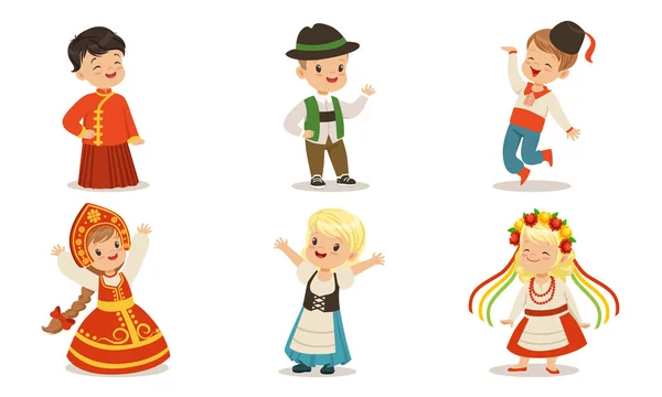 Crianças em roupas nacionais de diferentes países. Conjunto de ilustrações vetoriais . — Vetor de Stock