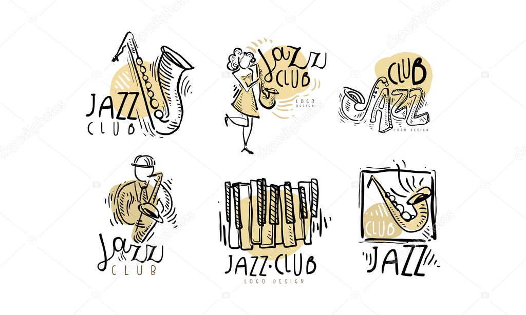 Hand Drawn Labels or Logos Vector Set for Jazz Festival or Live Concert