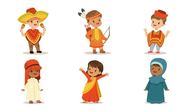 Children in national costumes from different countries. Set of vector illustrations. — Stock Vector