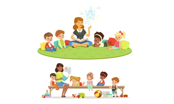 Grupo de niños sentados en cuadros al aire libre, profesor leyendo