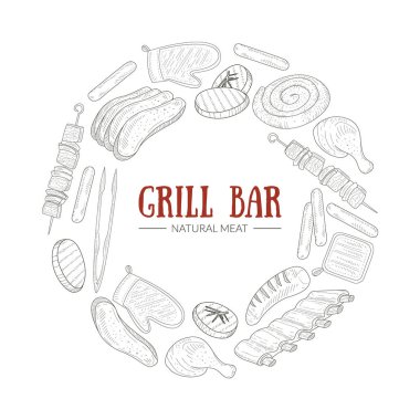 Barbekü Gıda Ögeleri Vektör Şablonu ile Dairesel Çerçeve