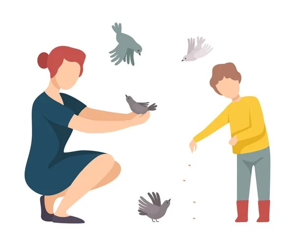 Woman Walking with Her Son in the Park and Feeding Pigeons Vector Illustration — Stock Vector